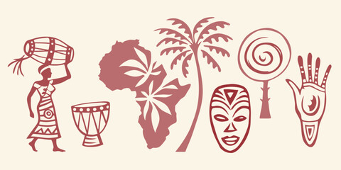 African Culture Elements Red Brown Vector Illustration On Beige Background © Babita