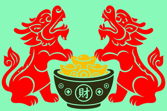 Traditional Chinese guardian lions with gold sycee bowl, red imperial foo dogs for lunar new year, auspicious feng shui wealth symbols vector illustration