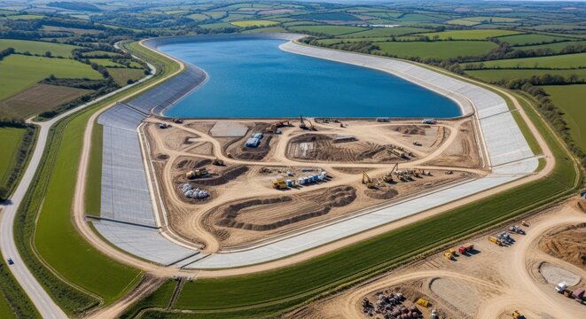 Aerial view of a large expanding reservoir construction project featuring water, earthmoving machinery and surrounding countryside development
