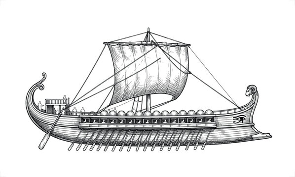 Detailed black and white ink of an ancient greek trireme warship with a ram head prow and eye symbol, isolated on white