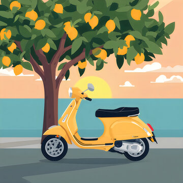 Yellow vintage scooter parked under lemon tree in bright daylight