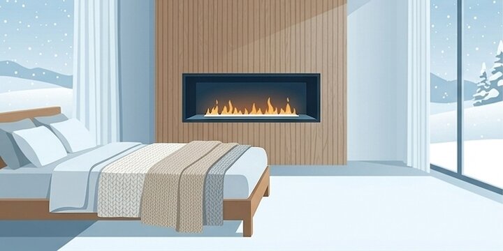 Bedroom Retreat. Highlights linear electric fireplaces in personal, tranquil spaces. Central bottom copy space.