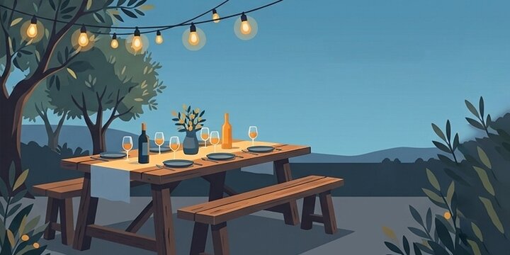 Outdoor Garden Farm-to-Table. An rustic outdoor wooden harvest table set under hanging bistro lights in an olive grove or garden setting. Generous right copy space in the twilight sky.