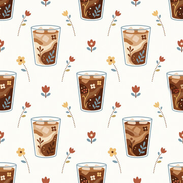 Iced Coffee Delight: A refreshing seamless pattern featuring tall glasses filled with iced coffee, ice cubes, and a swirl of cream, interspersed with whimsical floral motifs.