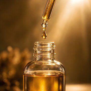 Golden liquid dripping from dropper into amber glass bottle