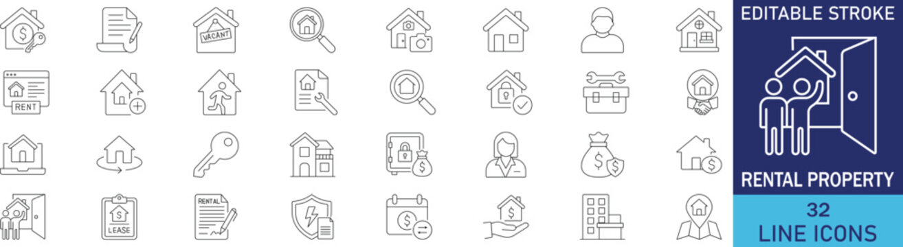Rental property and real estate house leasing line icon set. Vector symbols for rent agreement, home key, tenant, lease contract, apartment for rent, and monthly payment.