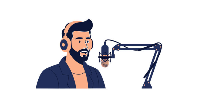 Male Podcast Host or Radio DJ with Headphones Speaking into Studio Microphone. Flat Vector Illustration for Audio Content Creation, Streaming, and Voiceover Work.