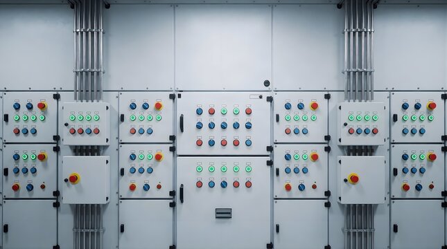 Direct Front View Grid Layout Of Modular Industrial Switchboard Panel Units With Rotary Switches Push Buttons And Vertical Cable Trunking Systems