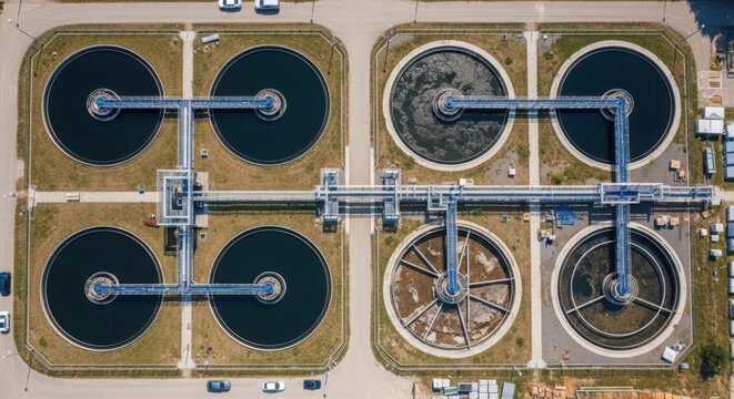 Aerial View of a Wastewater Treatment Plant Showing Clarifier Tanks and Industrial Infrastructure