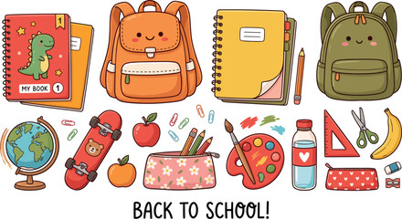 Cute back to school banner vector illustration with funny cartoon backpacks notebook globe pencil case skateboard and stationery items for kids education