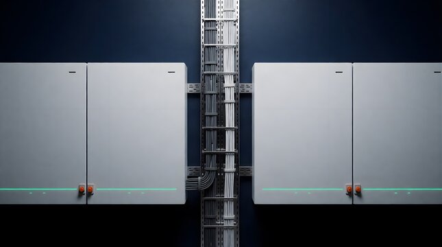 Front View Row Of Industrial Control Cabinets Linked To Central Vertical Wire Cable Tray System In High Tech Automated Manufacturing Plant