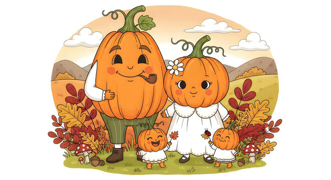 Cute vintage style illustration of a happy family celebrating the hallowen autumn holiday