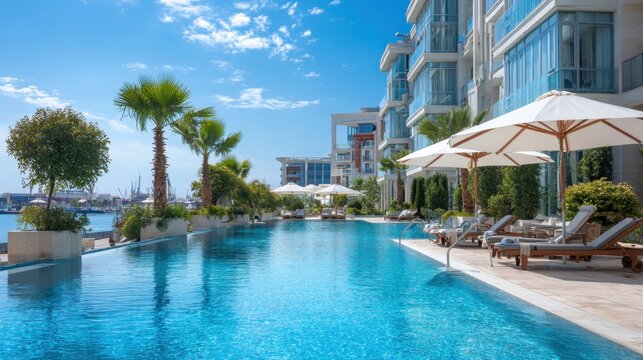 Luxury hotel infinity pool with palm trees and marina waterfront view