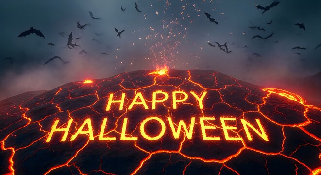 Happy hallowen text glowing over a dark volcanic landscape with flying black bats