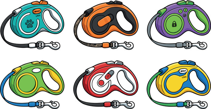 Retractable dog leash icon set vector illustration featuring colorful plastic tape extendable leashes with lock buttons and metal clips for pet walking gear designs