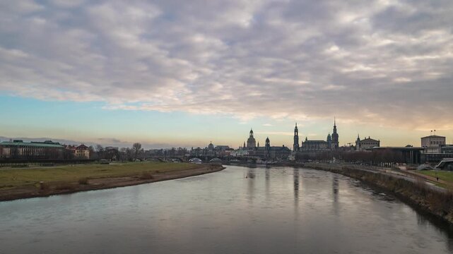 Dresden Germany time lapse city skyline at Elbe River and Augustus Bridge
