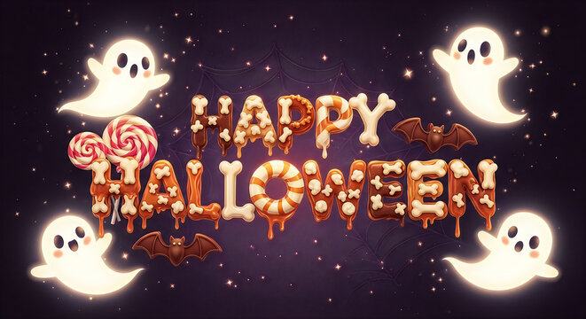 Festive happy hallowen background featuring cute white ghosts and dripping candy typography design