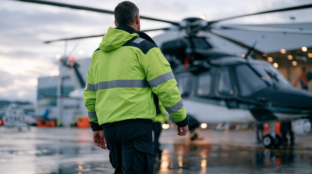 Helicopter pilot walking away from a grounded aircraft in rain-soaked tarmac during a break between medevac runs, reflective jacket dripping, puddles reflecting rotor blade silhouettes, sitting voll