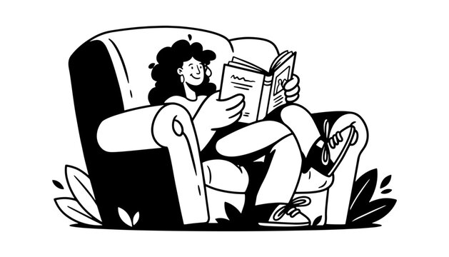 Black and white line art illustration of a woman with curly hair reading a book while sitting in an armchair.