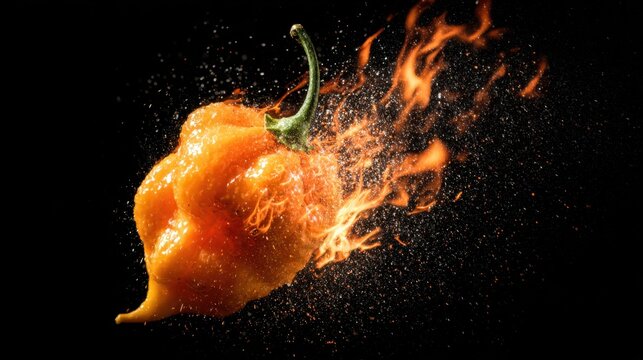 Orange hot chili pepper burning with flames on black background
