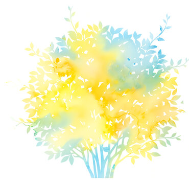 Abstract watercolor PNG of a lush green bush with expressive yellow and blue paint splashes.