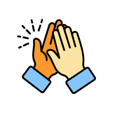 Flat vector high five hands icon, colorful teamwork celebration symbol with outline stroke, agreement greeting graphic for UI and apps