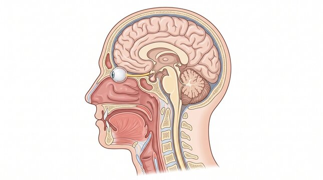 Anatomical Cross Section Illustration of the Human Head Brain and Sensory Organs