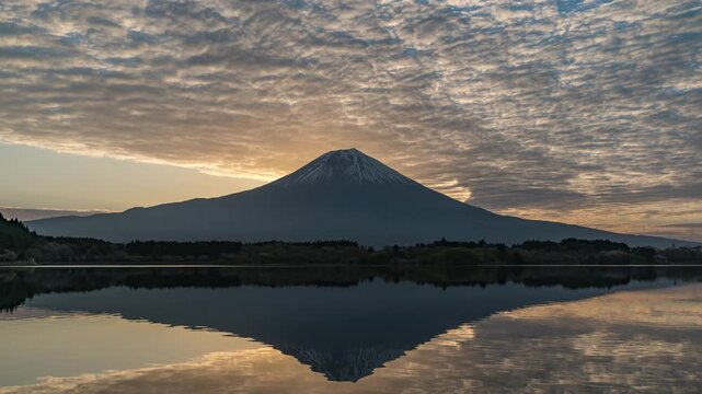 Fujinomiya Shizuoka Japan time lapse sunrise at lake Tanuki and reflection double Fuji Mountain