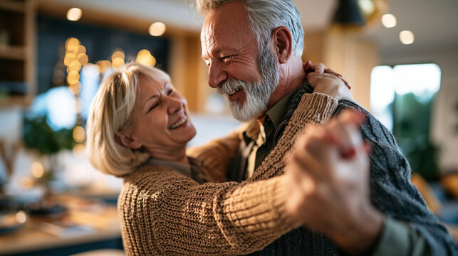 Older man recovering from illness sharing a careful slow dance with his partner at home, discreet walking cane resting nearby, gentle supportive hold without appearing helpless,