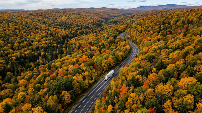 Stunning Autumn Landscape with a Semi Truck Traveling Along a Winding Road Through Vibrant Fall Foliage