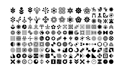 Fototapeta premium Large collection of black vector icons featuring geometric shapes, nature elements, and abstract logo marks.