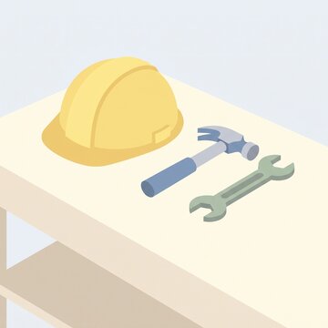 Isometric illustration of construction tools and safety helmet on shelf