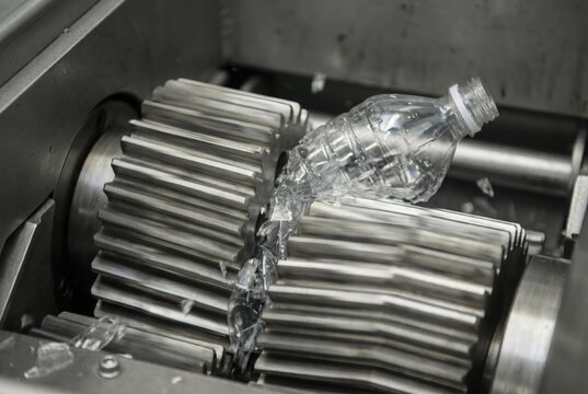 Close up of heavy machinery teeth crushing a transparent plastic water bottle
