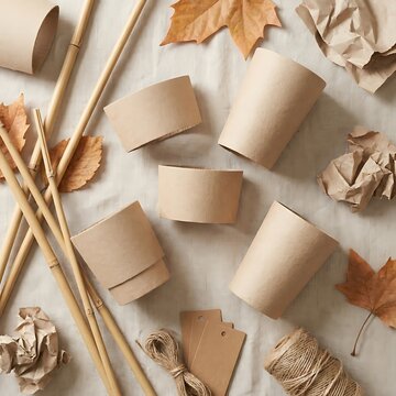 Top view of brown paper cups with dry autumn leaves and twine string on a light grey textured surface. compostable sleeve designs