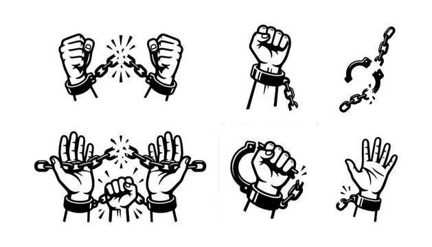 Freedom and liberation concept icons with hands breaking metal chains and handcuffs in bold black vector style.