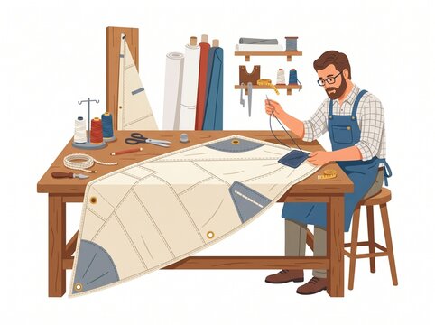 man Sailmaker sewing sail on workbench with tools and fabric rolls illustration