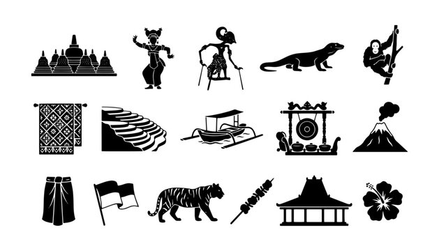 Vector Collection of Indonesian Cultural Icons Landmarks and Wildlife Silhouettes for Travel and Tourism Design
