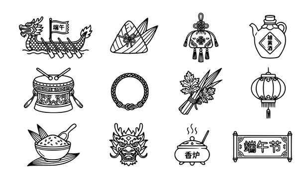 Dragon boat festival line icons set with traditional zongzi dumpling vector