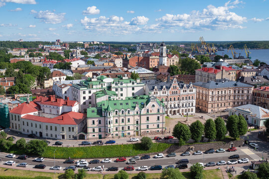 View of the historic center of Vyborg from the St. Olaf's tower on a sunny June day. Leningrad oblast, Russia