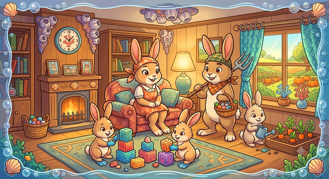 Cozy Bunny Family in Their Cozy Home