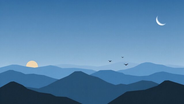 Serene twilight mountain range with crescent moon with captures tranquil evening landscape with sky gradient, horizonpanorama, horizonlineart