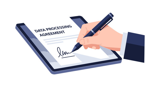 Businessman Signing Data Processing Agreement on Digital Tablet - Electronic Signature and GDPR Compliance Illustration