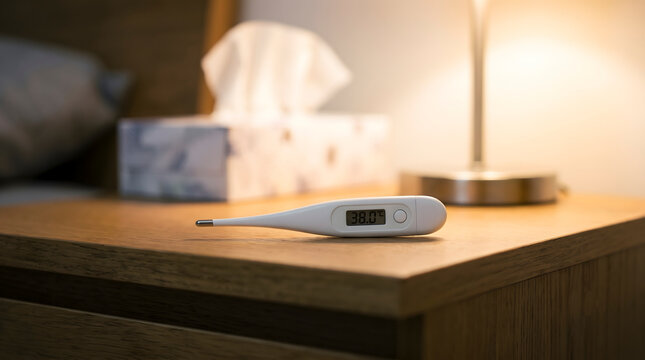 Digital clinical thermometer showing high fever on a bedside table.
