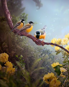 Tit birds sitting on tree branch and yellow rose flower blooming in fantasy misty garden, mysterious fairy tale dreamy early foggy morning background with flock of three cute songbirds perched on twig