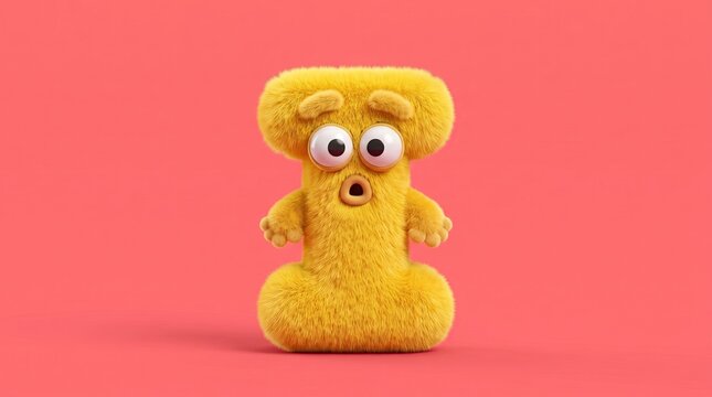 Surprised yellow fluffy letter I character with wide eyes and open mouth on vibrant coral red background, playful 3D font design