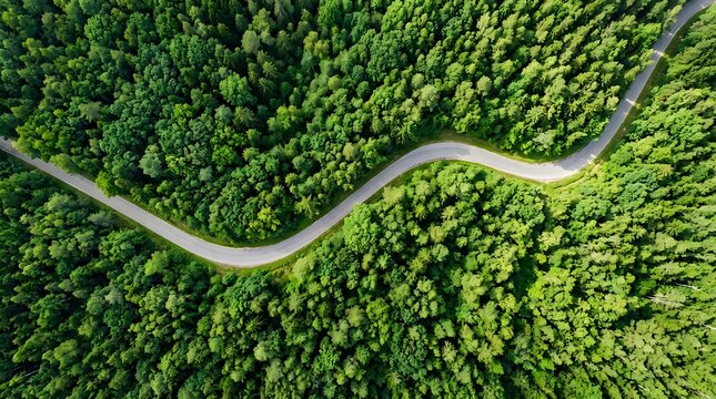 Aerial top down view of winding road through dense green forest trees, asphalt highway curving through summer wilderness landscape