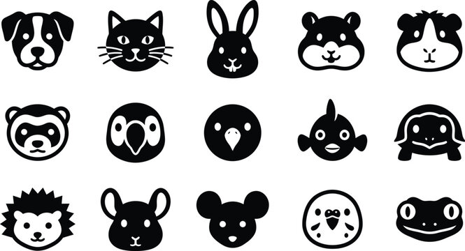 A collection of various pet animal face vector flat illustration icons in a simple black and white style