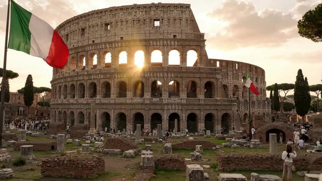 Couple walking at the roman colosseum in rome at sunset with italian flag waving, iconic italy travel destination and historical landmark