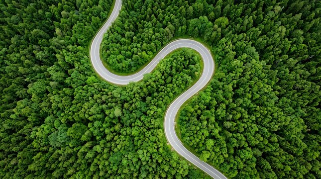 Aerial top down view of a winding serpentine asphalt road surrounded by dense green forest trees in summer