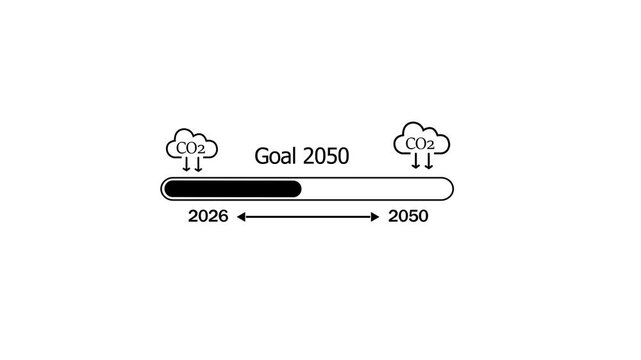Dynamic progress bar visualization for net zero carbon emission goals by 2050, representing environmental sustainability milestones, climate change mitigation strategies, and corporate esg